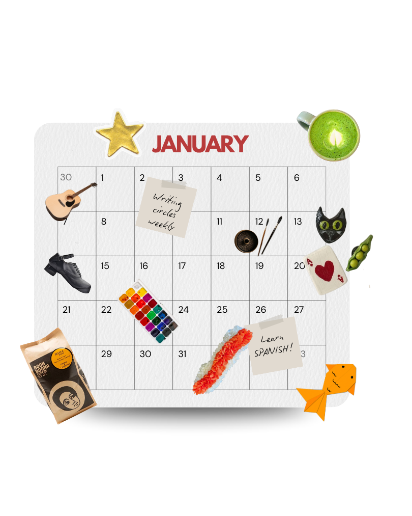 Calendar showing various library activities like guitar, writing, languages, arts and crafts