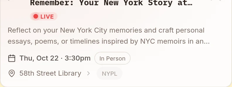 A card marked Live with its date, time, and library branch.