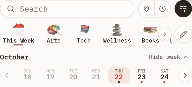 The Discover search bar with category tabs and a week strip underneath.