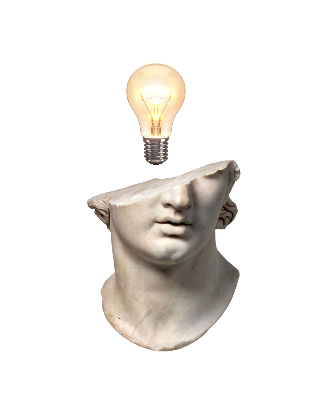 Thinking statue with lightbulb