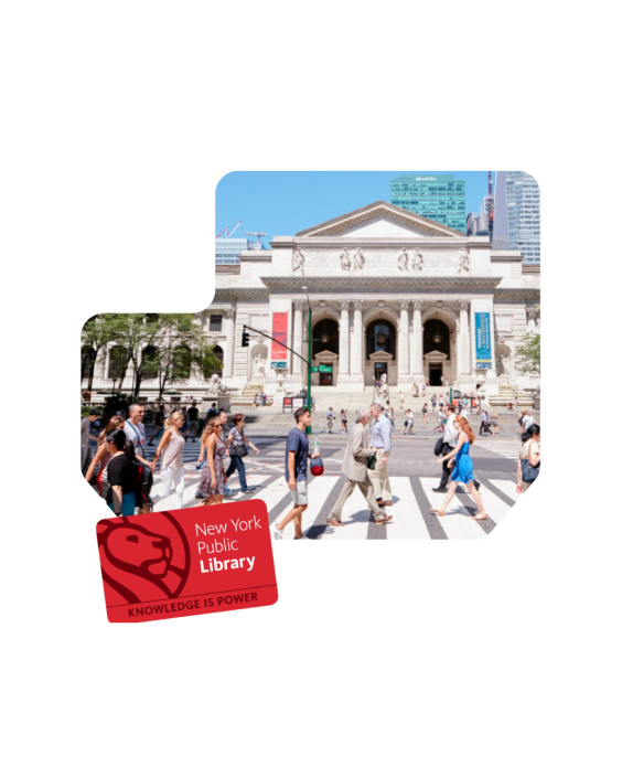 New York Public Library building with NYPL library card